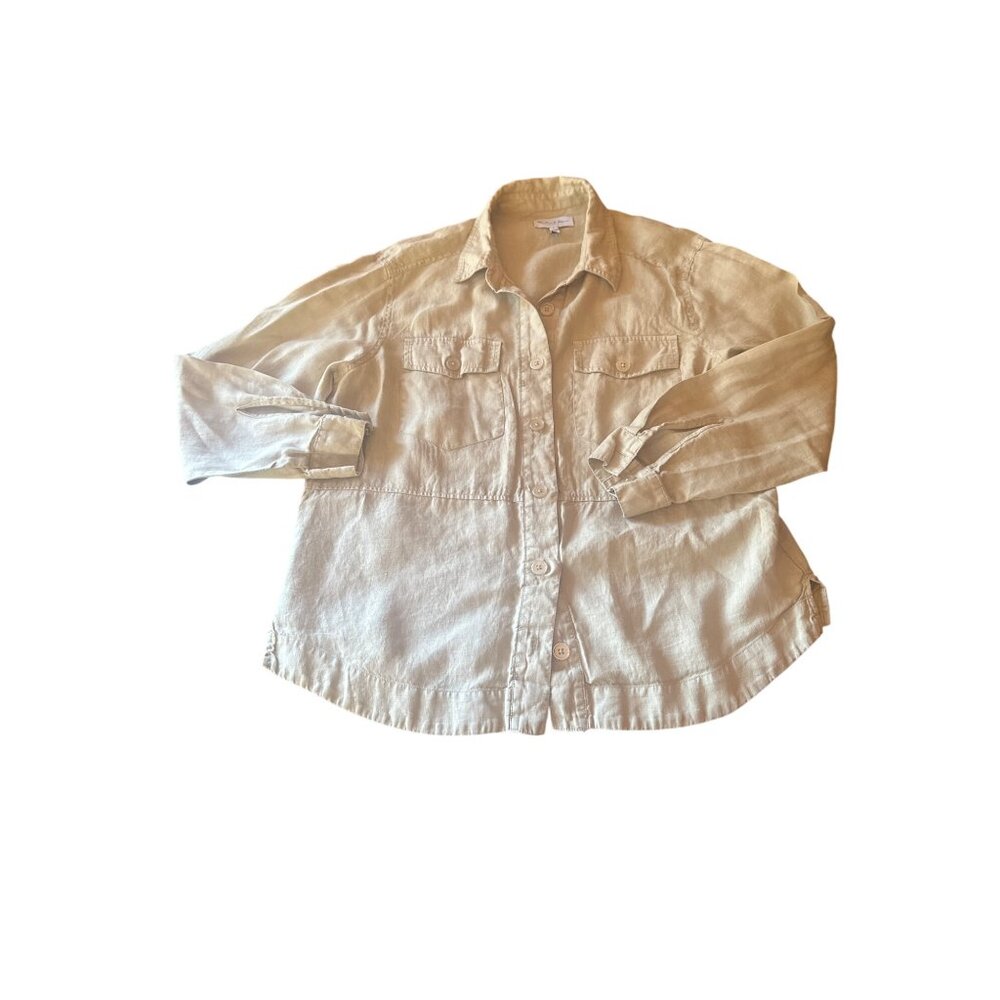 Michael Stars Beige Linen Button-Up Shirt M Safari Preppy Casual Minimalist